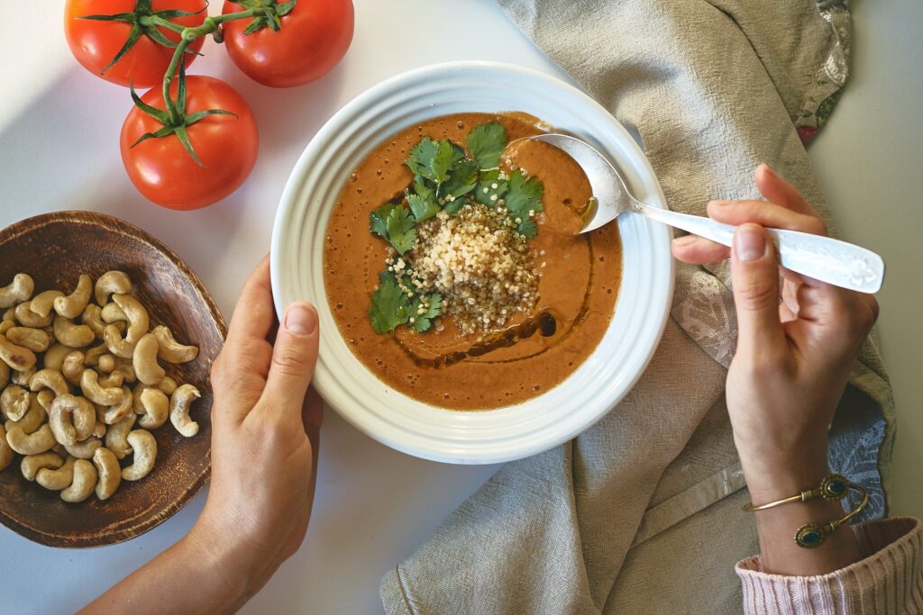 Tomato Lentil and Rice Soup with Tofu Cubes